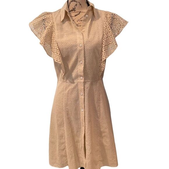 Theory Dresses & Skirts - Theory Nova Eyelet Ruffle Mini Dress Beige Short Sleeve dress